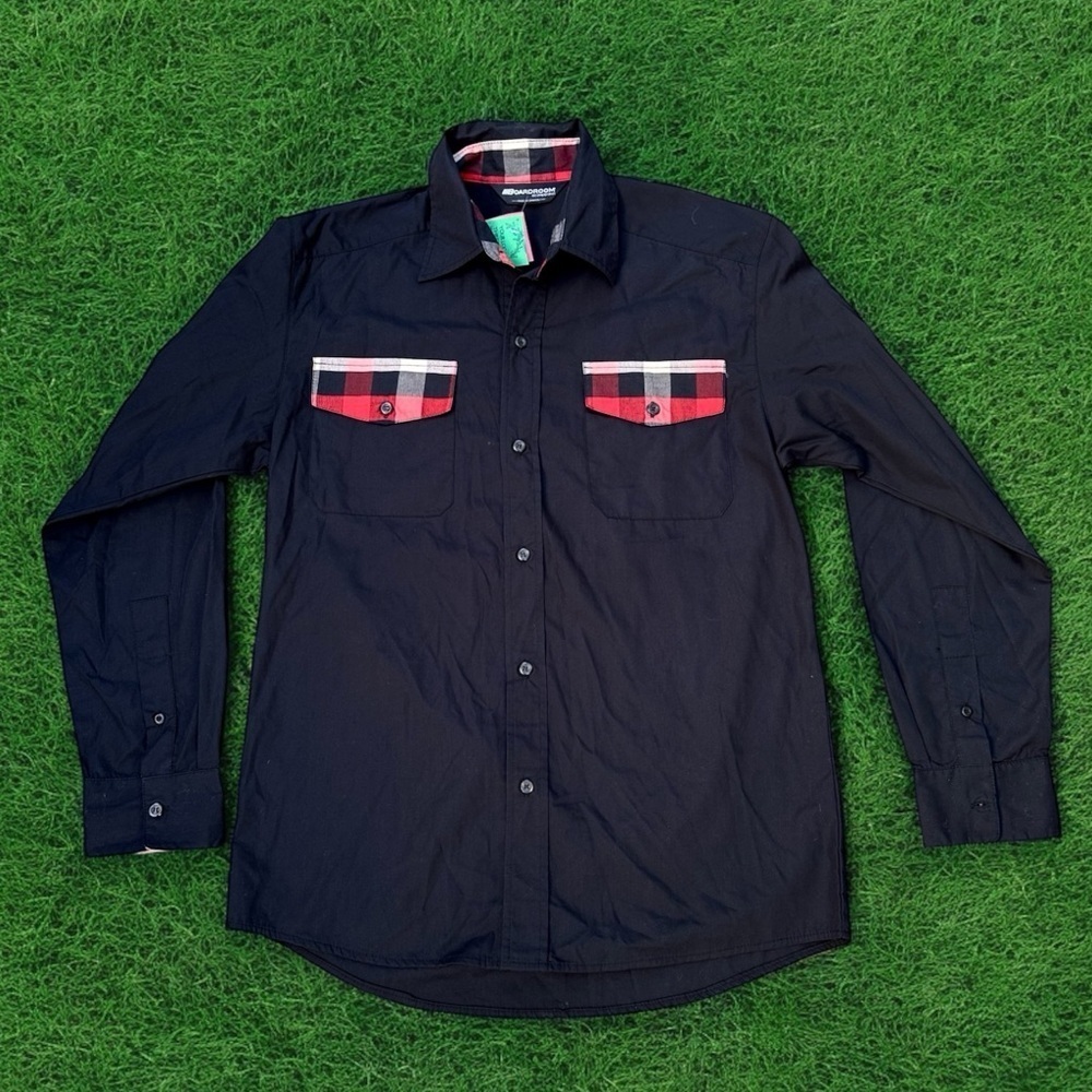Boardroom Black Button-Up Shirt Medium Red Plaid Detail